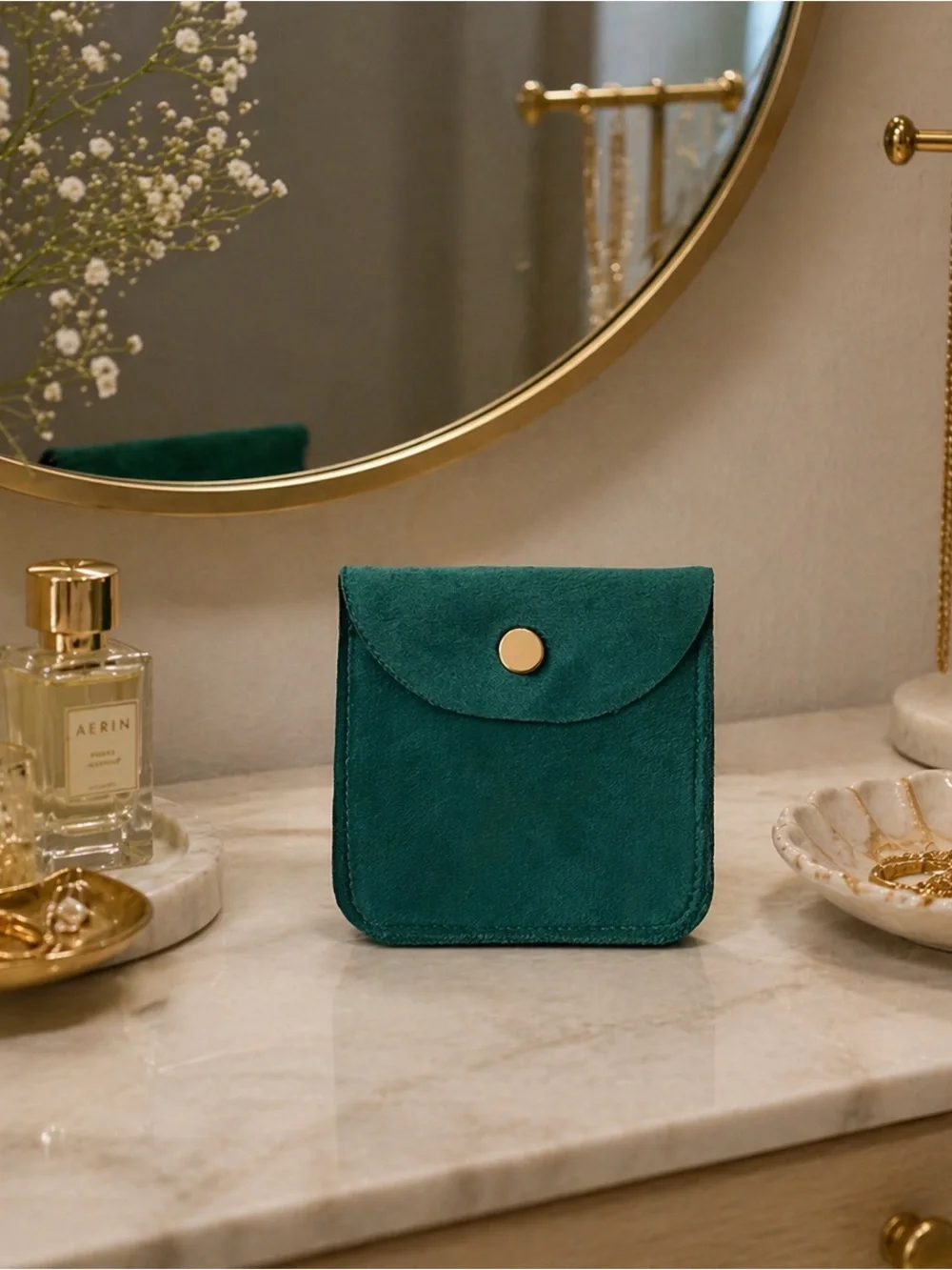 5pc Set of Green Velvet Travel Jewelry Pouch with Snap Closure